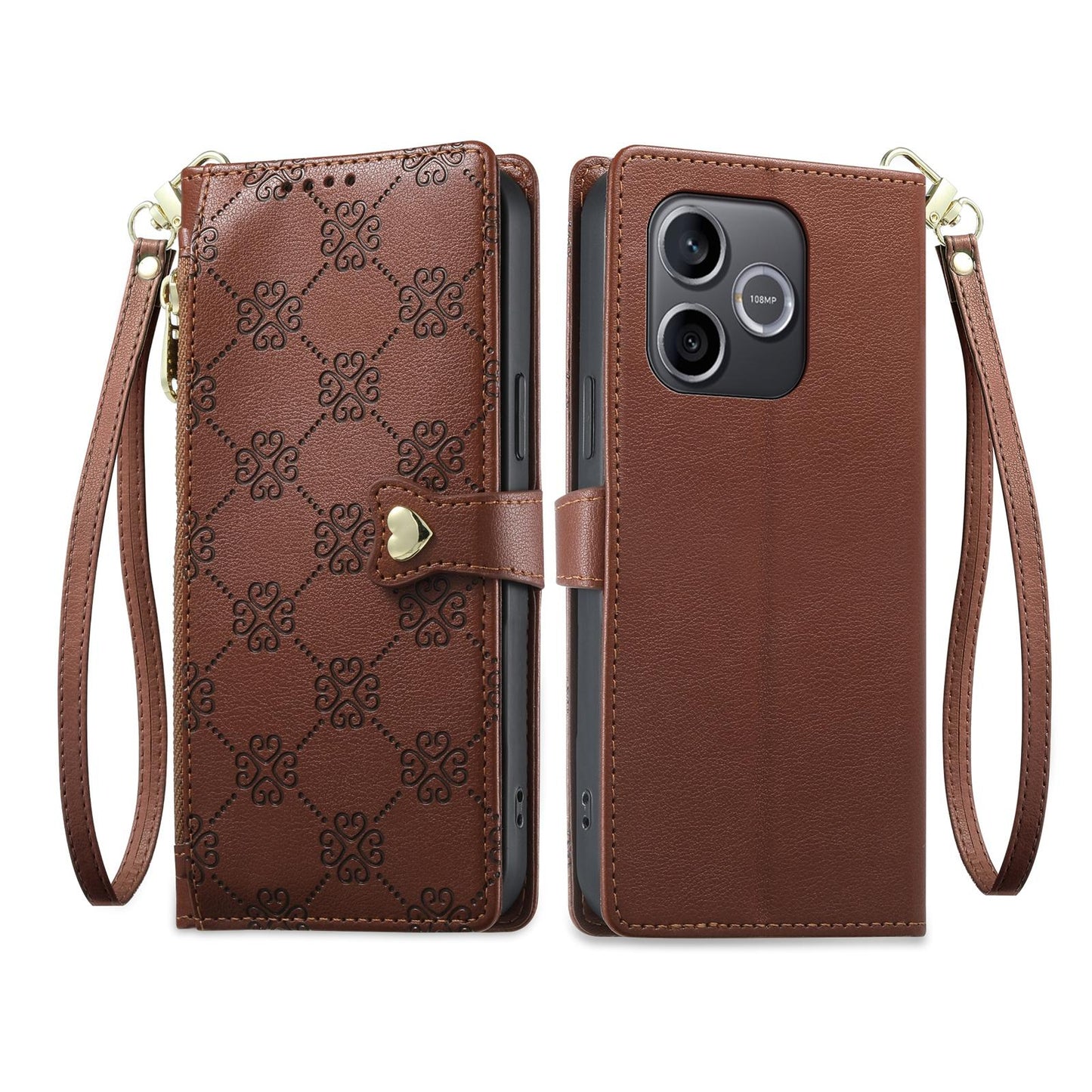 For Honor 600 Lite Global / 500 Smart 5G Zipper Wallet Heart Buckle Vegan Leather Phone Case with Wrist Strap(Brown)