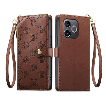 For Honor 600 Lite Global / 500 Smart 5G Zipper Wallet Heart Buckle Vegan Leather Phone Case with Wrist Strap(Brown)