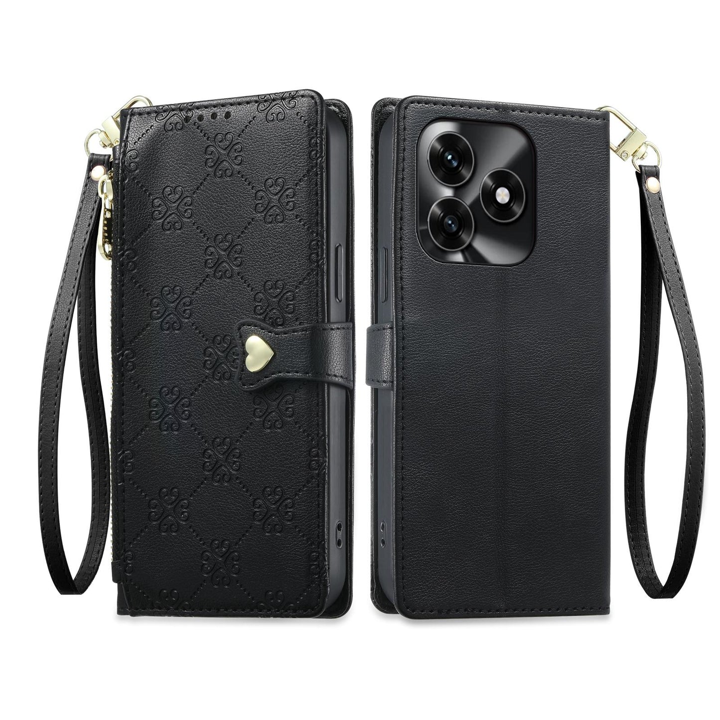 For Honor Play 80 / X5c / X5c Plus / X5d Zipper Wallet Heart Buckle Vegan Leather Phone Case with Wrist Strap(Black)