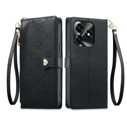 For Honor Play 80 / X5c / X5c Plus / X5d Zipper Wallet Heart Buckle Vegan Leather Phone Case with Wrist Strap(Black)