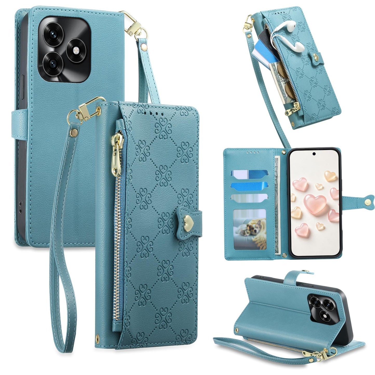 For Honor Play 80 / X5c / X5c Plus / X5d Zipper Wallet Heart Buckle Vegan Leather Phone Case with Wrist Strap(Lake Blue)