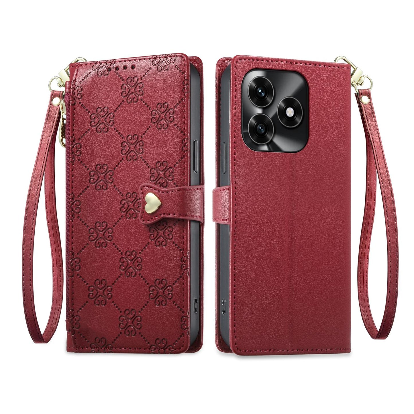 For Honor Play 80 / X5c / X5c Plus / X5d Zipper Wallet Heart Buckle Vegan Leather Phone Case with Wrist Strap(Red)