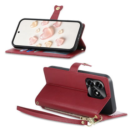 For Honor Play 80 / X5c / X5c Plus / X5d Zipper Wallet Heart Buckle Vegan Leather Phone Case with Wrist Strap(Red)