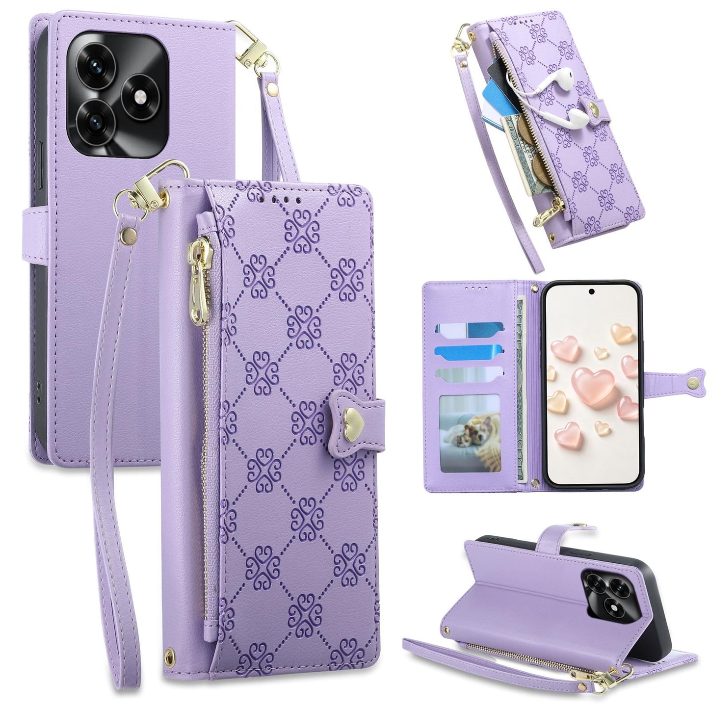 For Honor Play 80 / X5c / X5c Plus / X5d Zipper Wallet Heart Buckle Vegan Leather Phone Case with Wrist Strap(Purple)