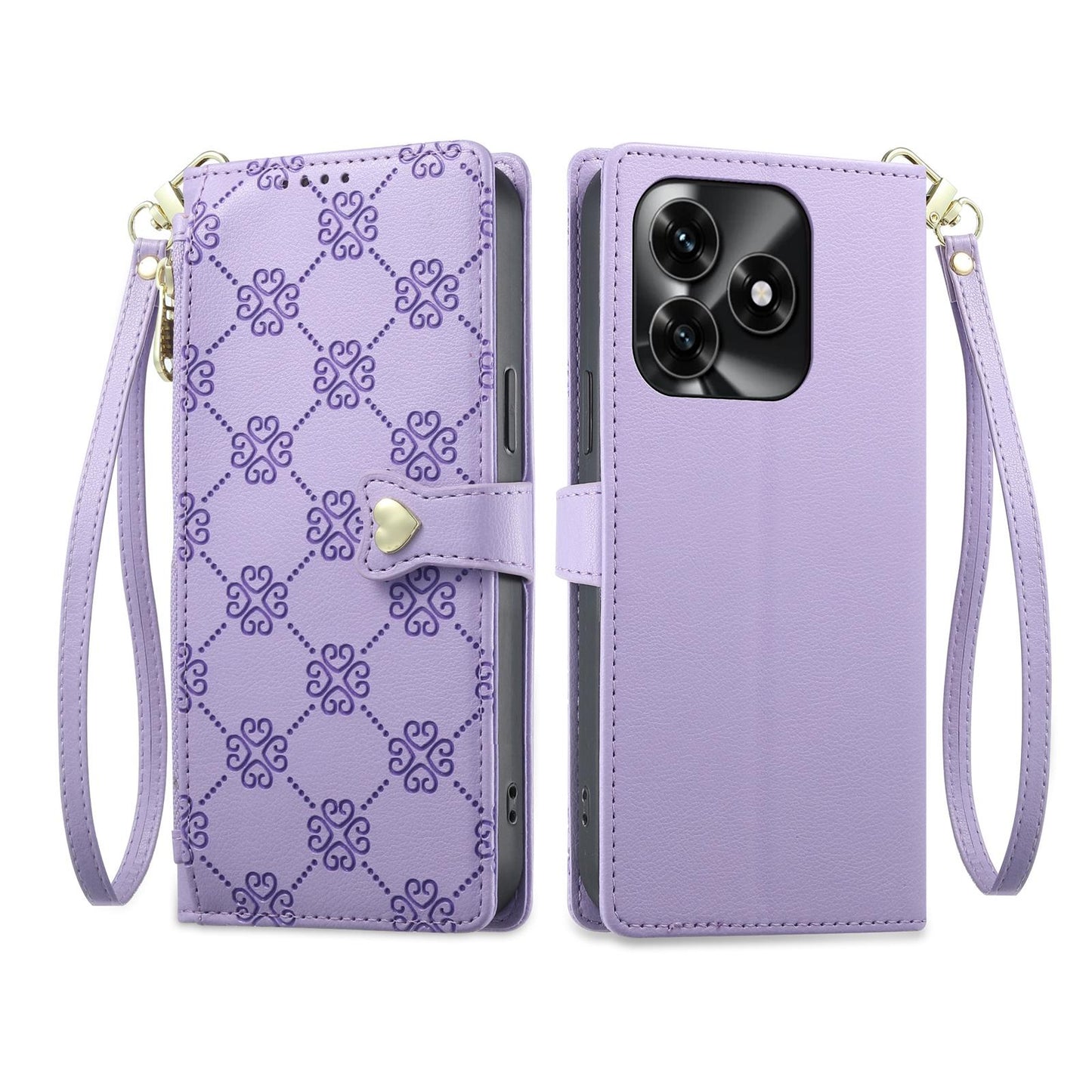 For Honor Play 80 / X5c / X5c Plus / X5d Zipper Wallet Heart Buckle Vegan Leather Phone Case with Wrist Strap(Purple)