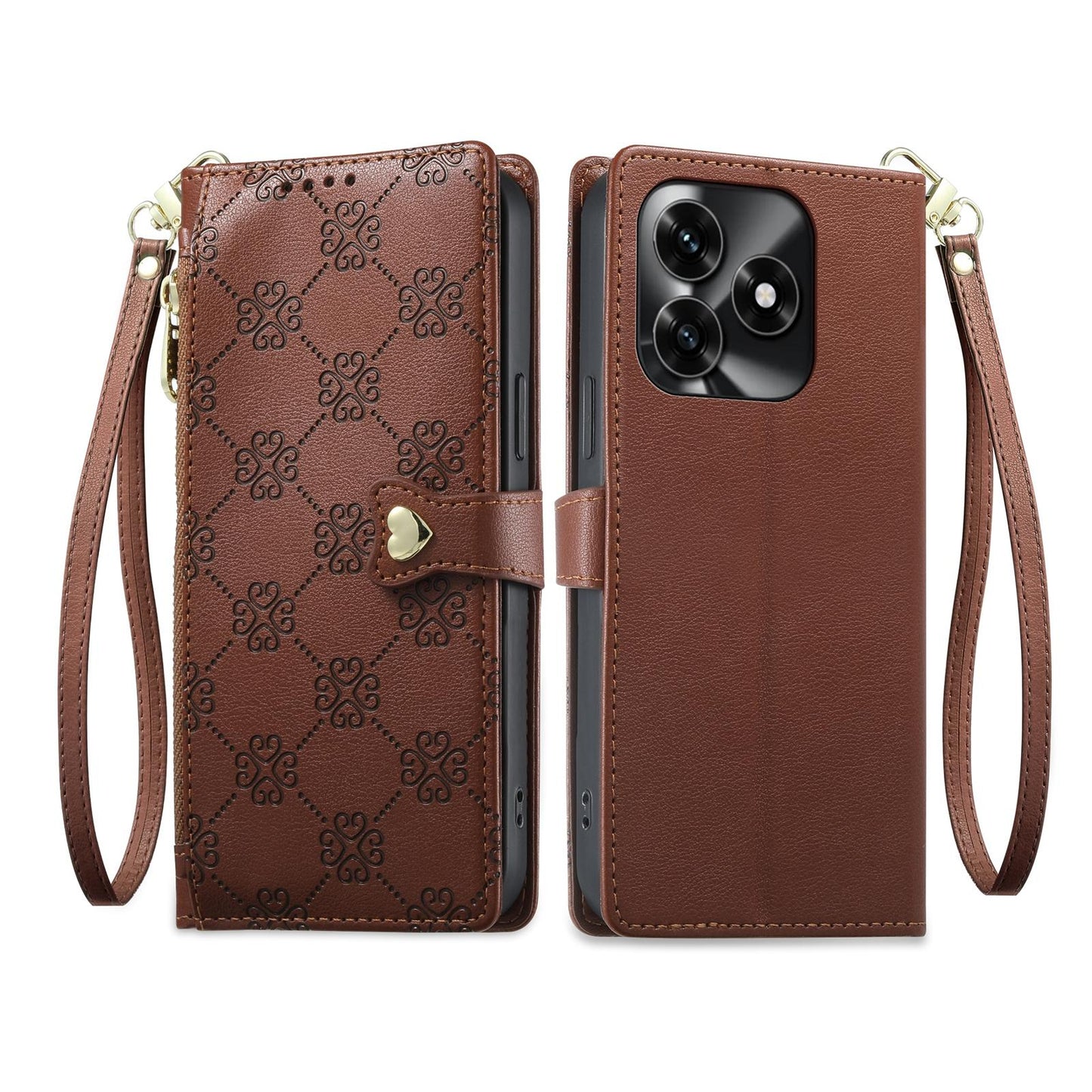 For Honor Play 80 / X5c / X5c Plus / X5d Zipper Wallet Heart Buckle Vegan Leather Phone Case with Wrist Strap(Brown)