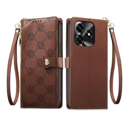 For Honor Play 80 / X5c / X5c Plus / X5d Zipper Wallet Heart Buckle Vegan Leather Phone Case with Wrist Strap(Brown)
