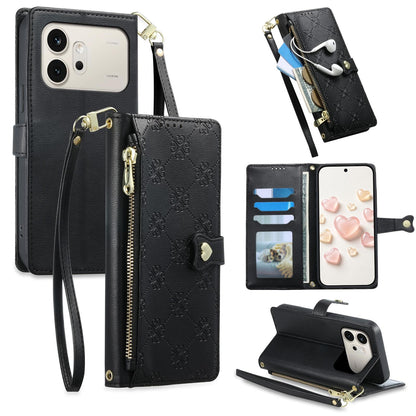 For Honor 600 Global Zipper Wallet Heart Buckle Vegan Leather Phone Case with Wrist Strap(Black)