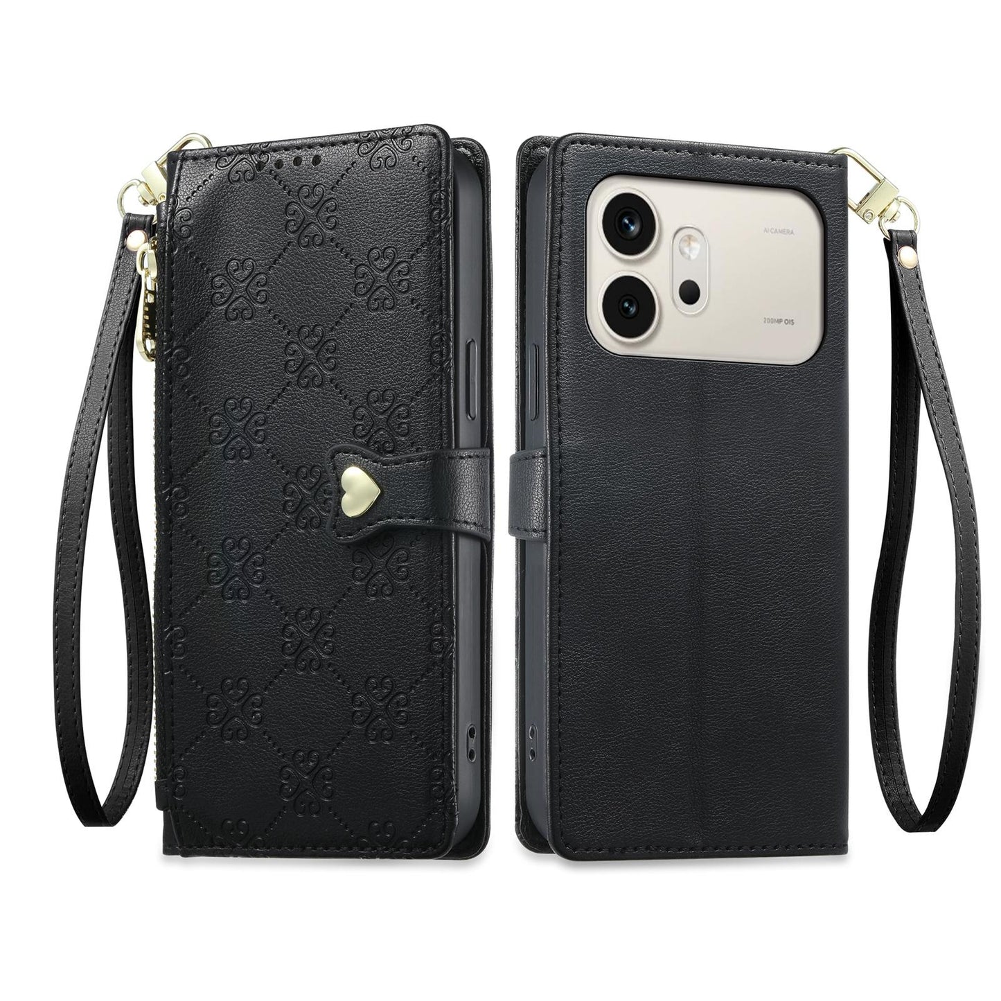 For Honor 600 Global Zipper Wallet Heart Buckle Vegan Leather Phone Case with Wrist Strap(Black)