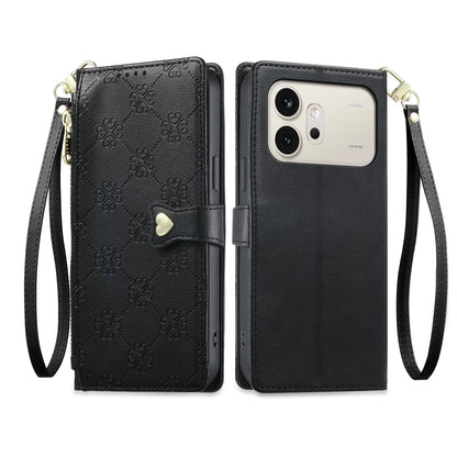 For Honor 600 Global Zipper Wallet Heart Buckle Vegan Leather Phone Case with Wrist Strap(Black)