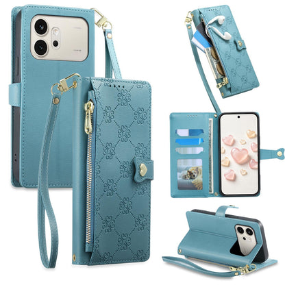 For Honor 600 Global Zipper Wallet Heart Buckle Vegan Leather Phone Case with Wrist Strap(Lake Blue)