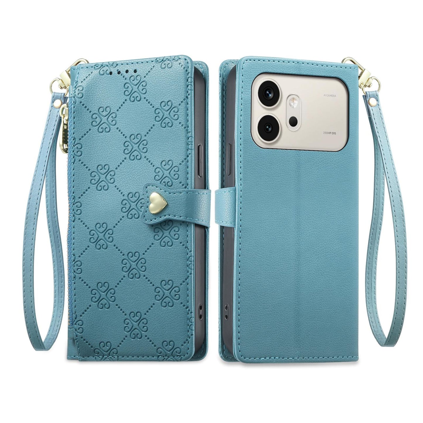 For Honor 600 Global Zipper Wallet Heart Buckle Vegan Leather Phone Case with Wrist Strap(Lake Blue)