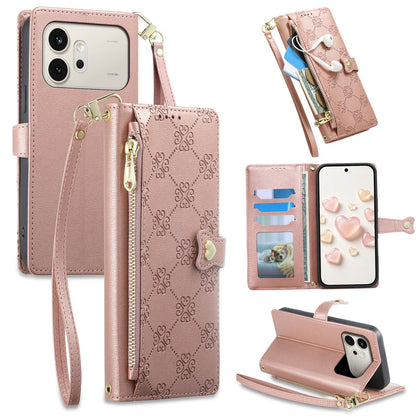 For Honor 600 Global Zipper Wallet Heart Buckle Vegan Leather Phone Case with Wrist Strap(Pink)