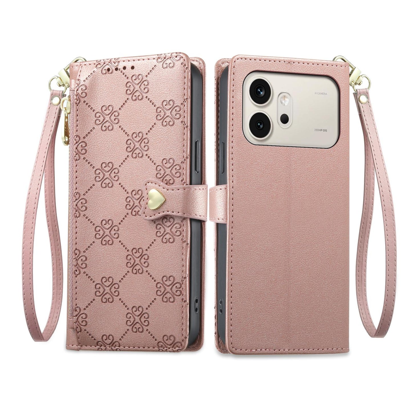 For Honor 600 Global Zipper Wallet Heart Buckle Vegan Leather Phone Case with Wrist Strap(Pink)
