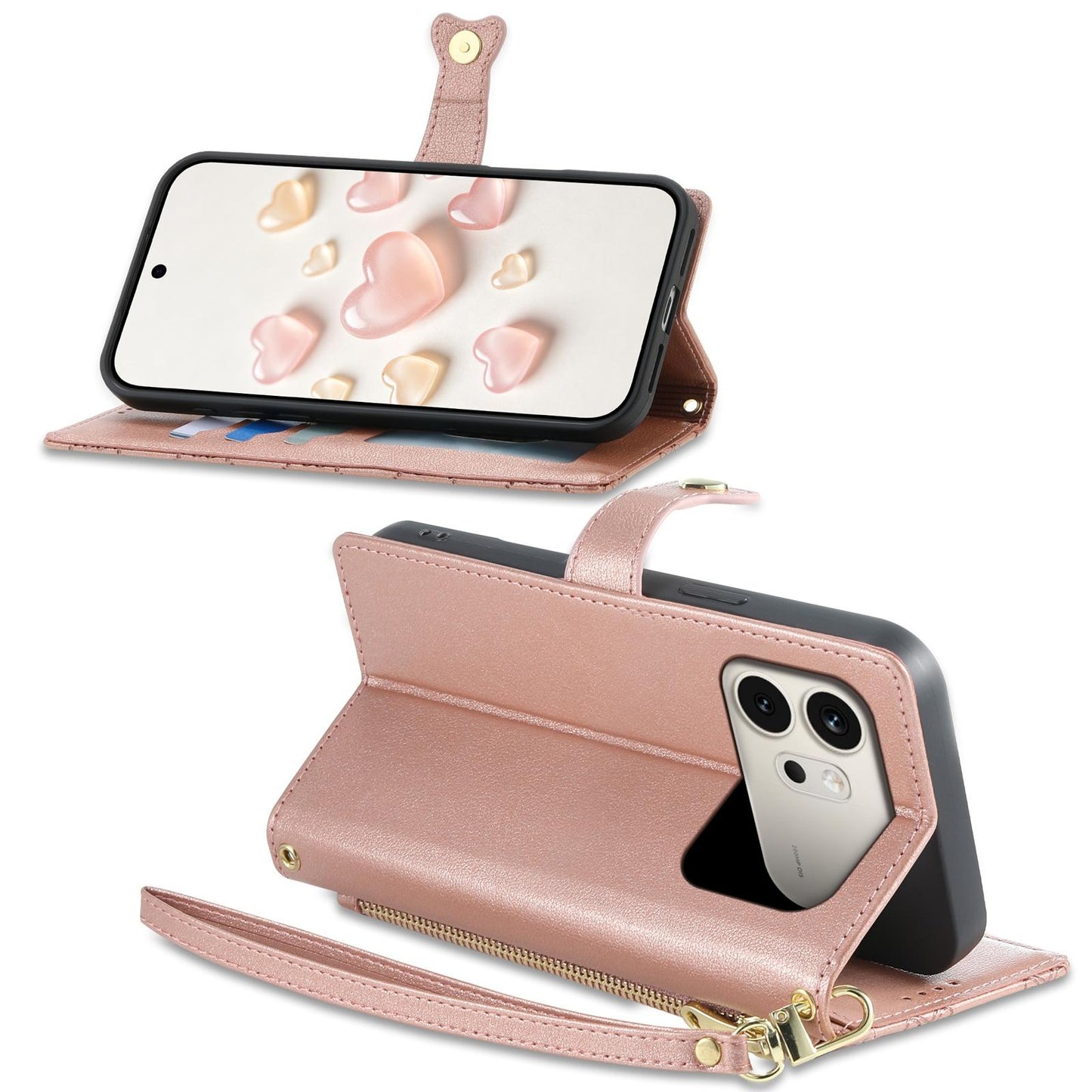 For Honor 600 Global Zipper Wallet Heart Buckle Vegan Leather Phone Case with Wrist Strap(Pink)