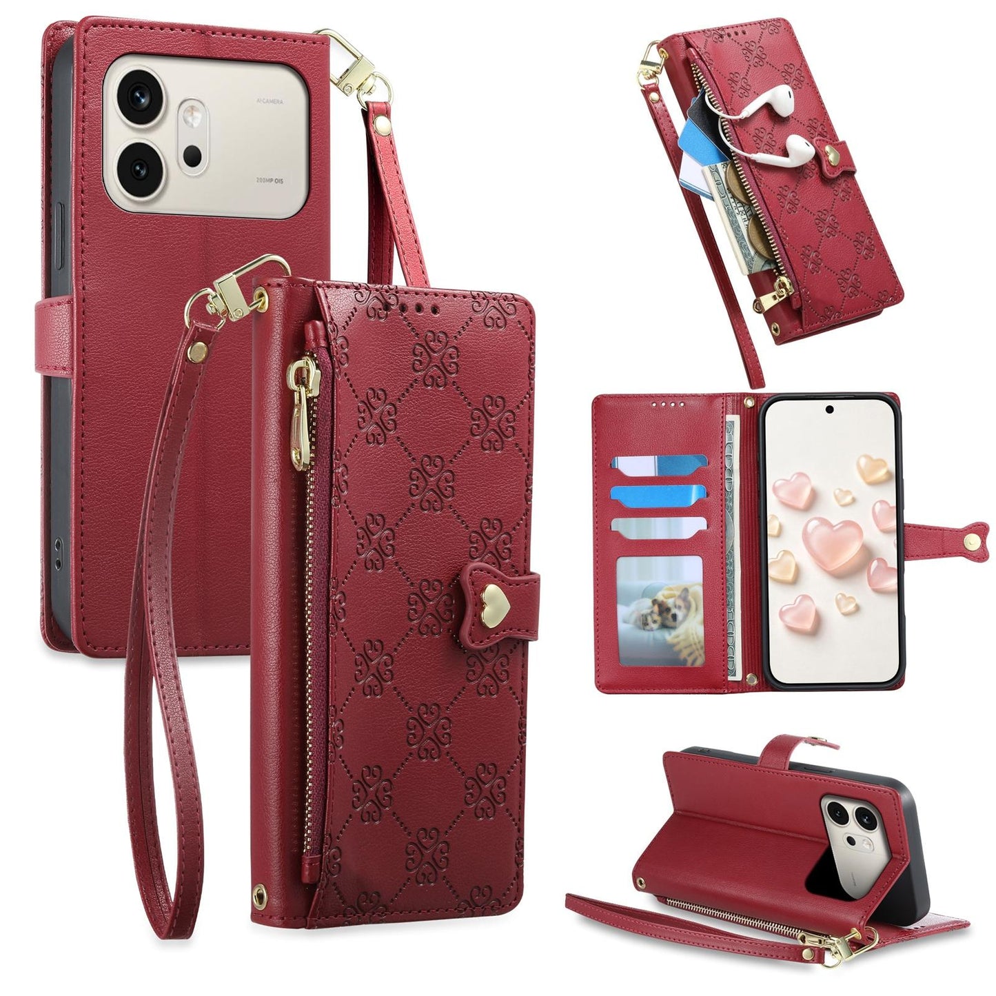For Honor 600 Global Zipper Wallet Heart Buckle Vegan Leather Phone Case with Wrist Strap(Red)