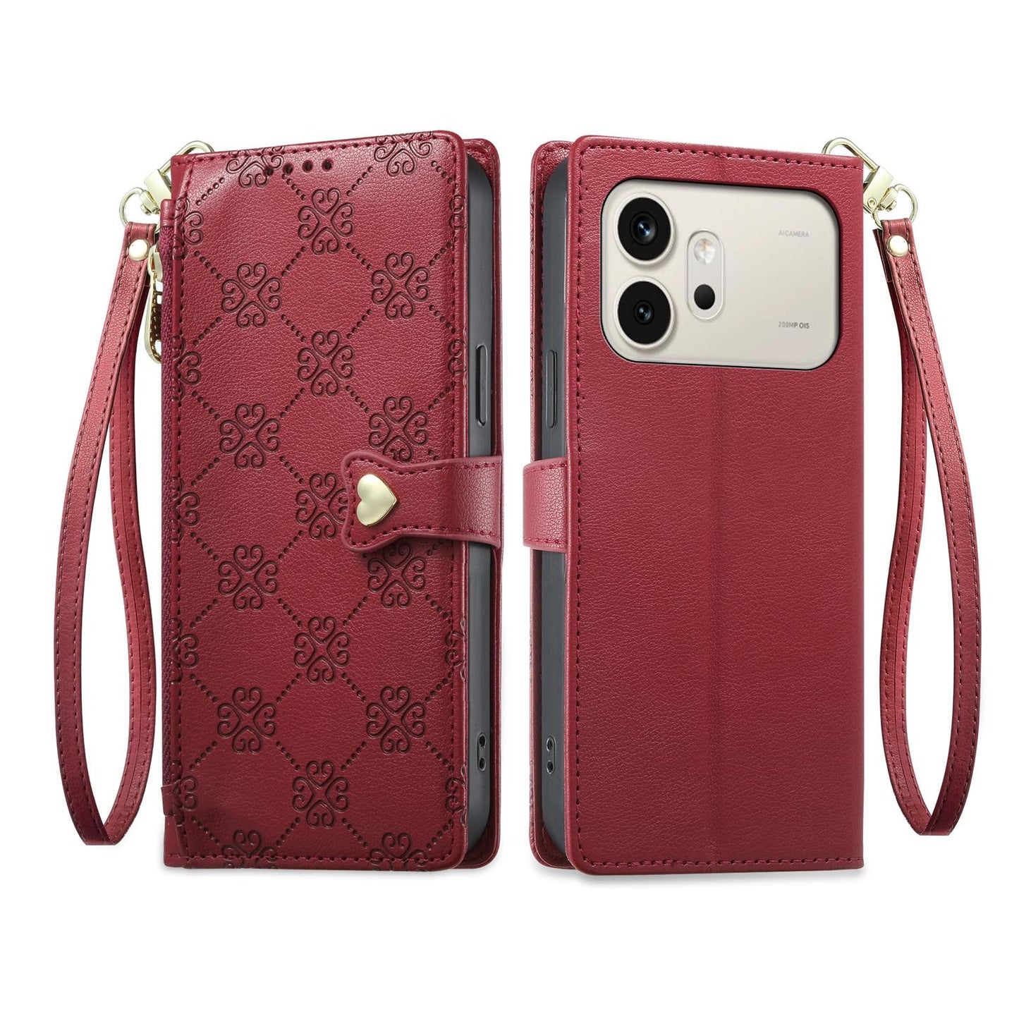 For Honor 600 Global Zipper Wallet Heart Buckle Vegan Leather Phone Case with Wrist Strap(Red)