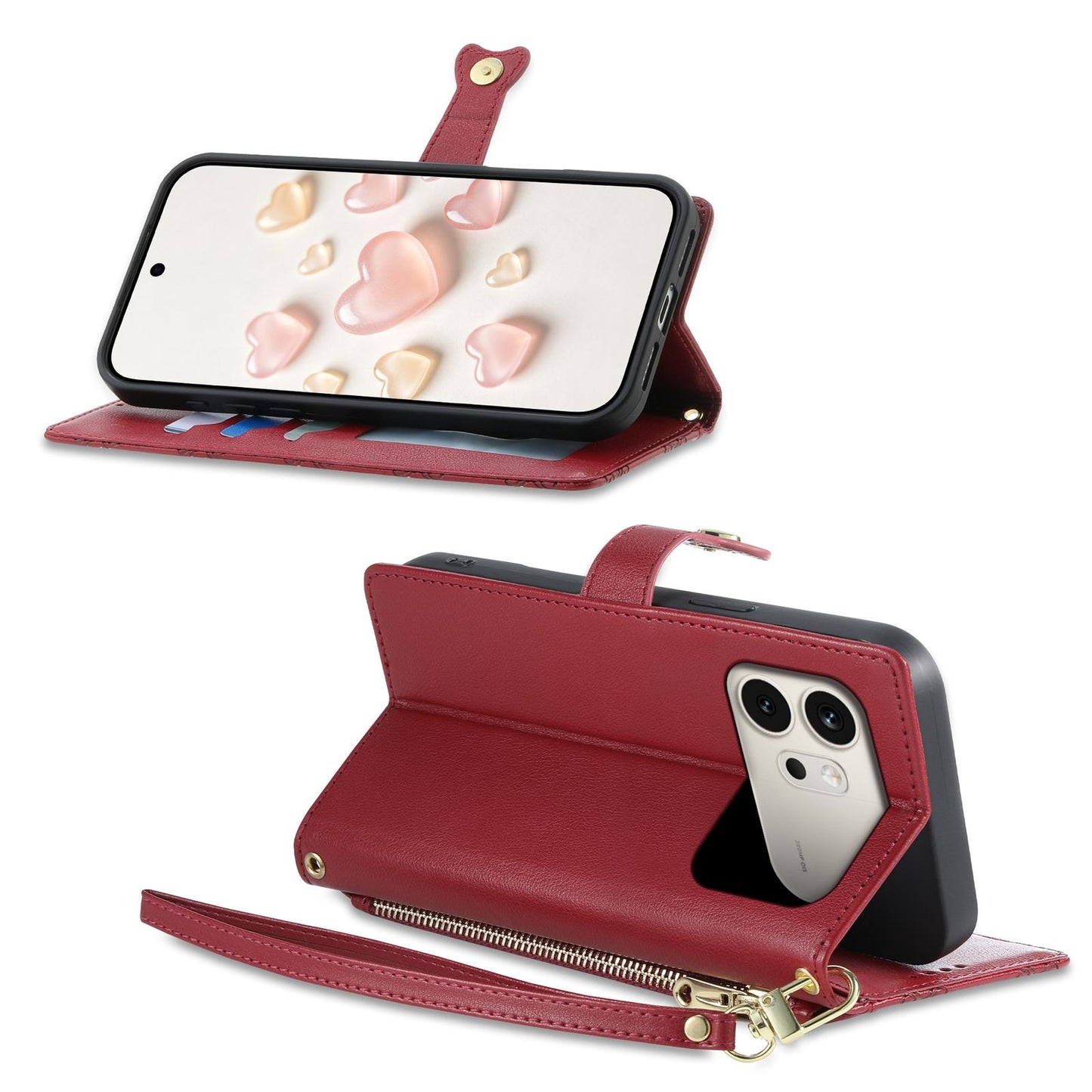 For Honor 600 Global Zipper Wallet Heart Buckle Vegan Leather Phone Case with Wrist Strap(Red)