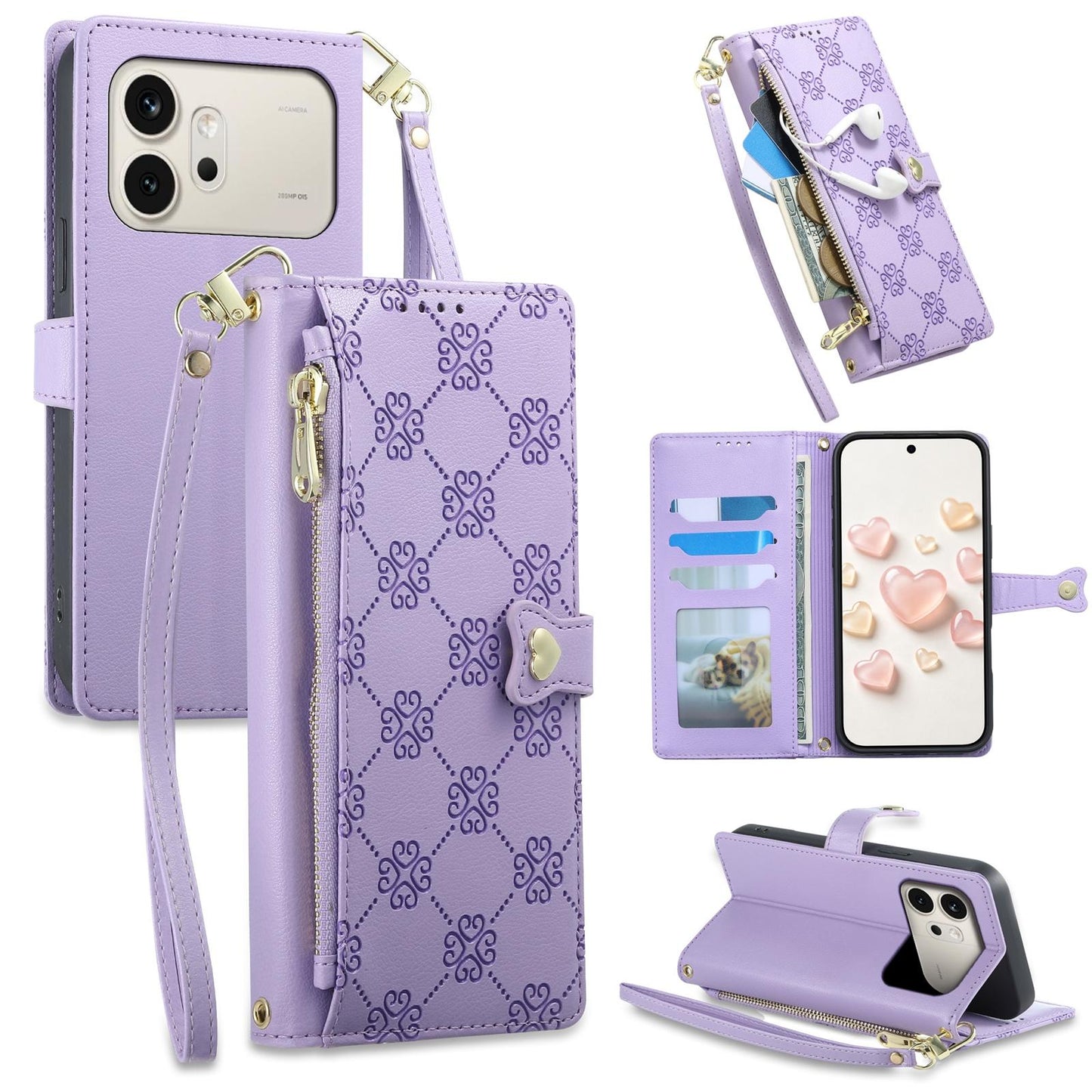For Honor 600 Global Zipper Wallet Heart Buckle Vegan Leather Phone Case with Wrist Strap(Purple)