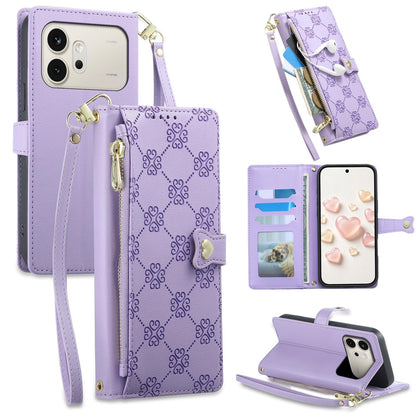For Honor 600 Global Zipper Wallet Heart Buckle Vegan Leather Phone Case with Wrist Strap(Purple)