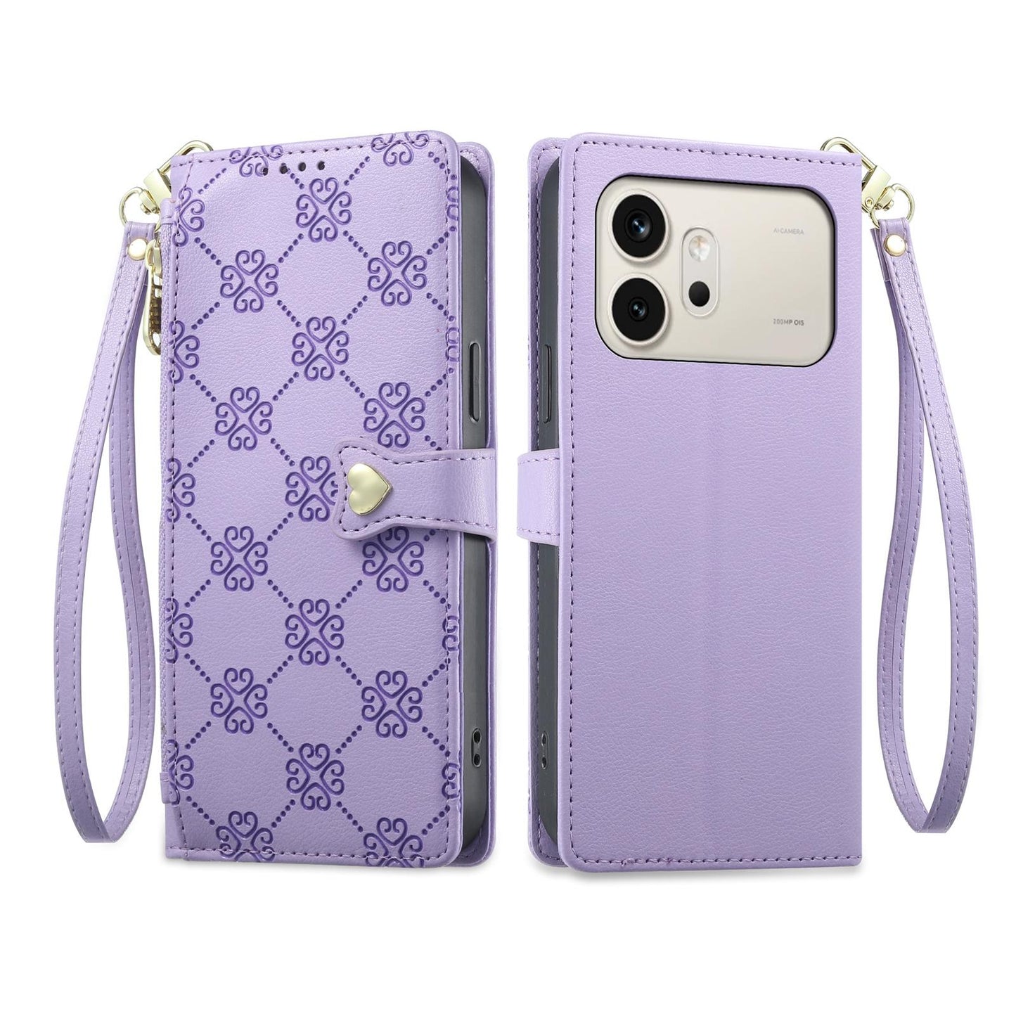 For Honor 600 Global Zipper Wallet Heart Buckle Vegan Leather Phone Case with Wrist Strap(Purple)