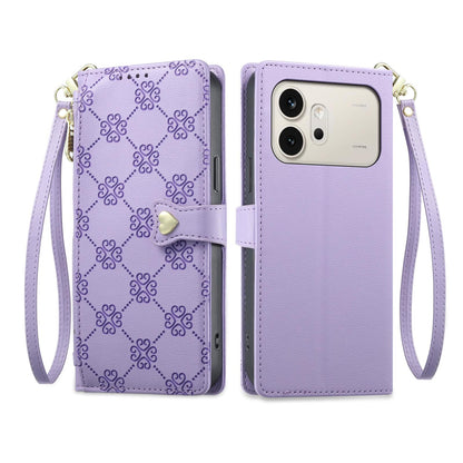 For Honor 600 Global Zipper Wallet Heart Buckle Vegan Leather Phone Case with Wrist Strap(Purple)