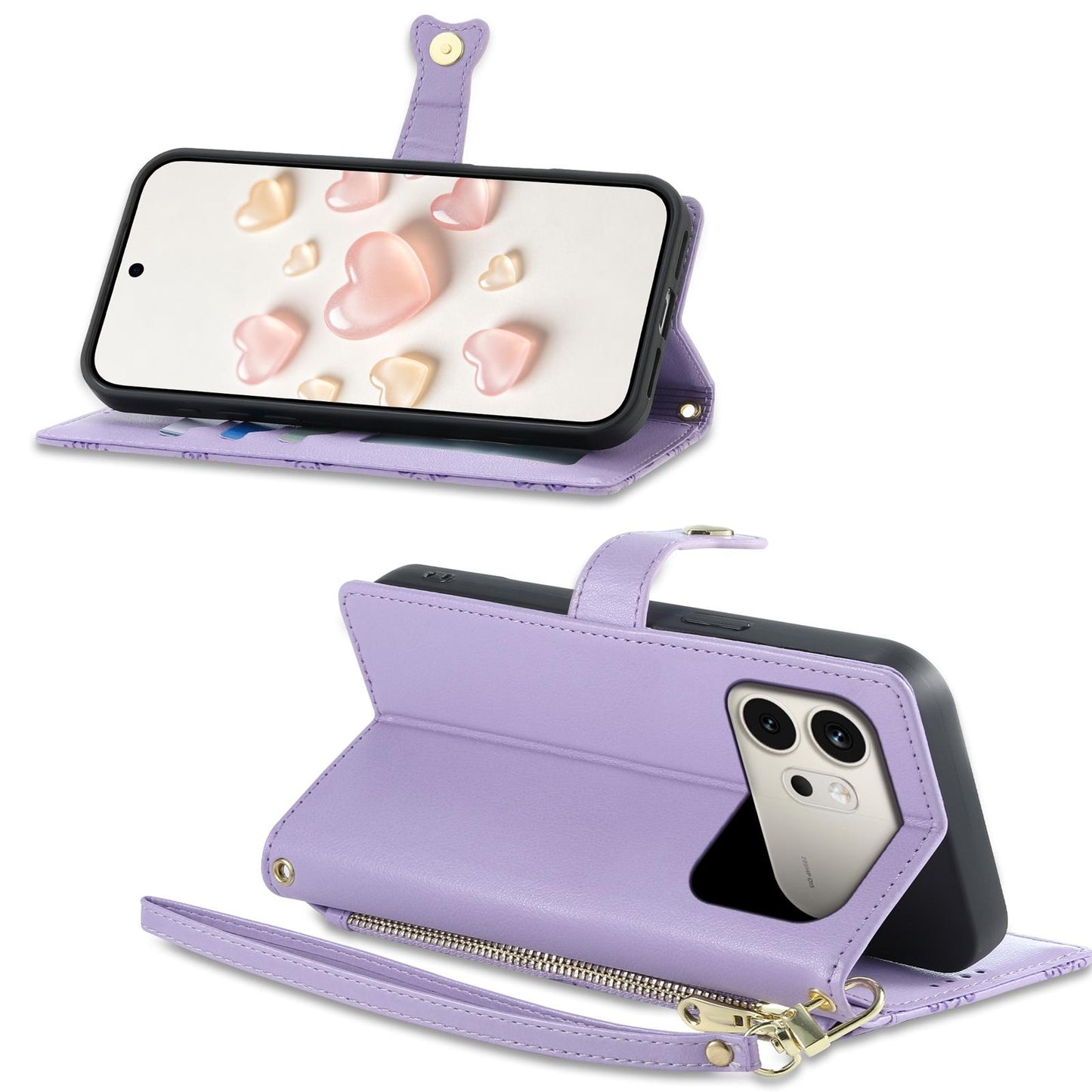 For Honor 600 Global Zipper Wallet Heart Buckle Vegan Leather Phone Case with Wrist Strap(Purple)