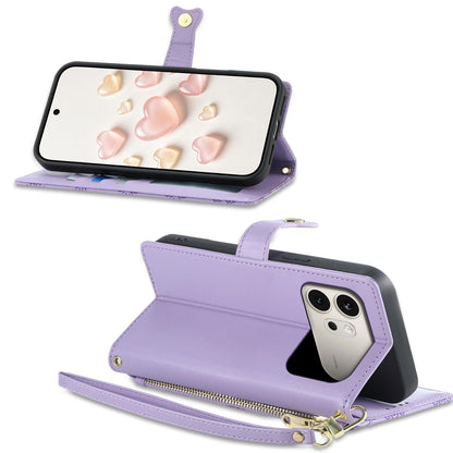 For Honor 600 Global Zipper Wallet Heart Buckle Vegan Leather Phone Case with Wrist Strap(Purple)