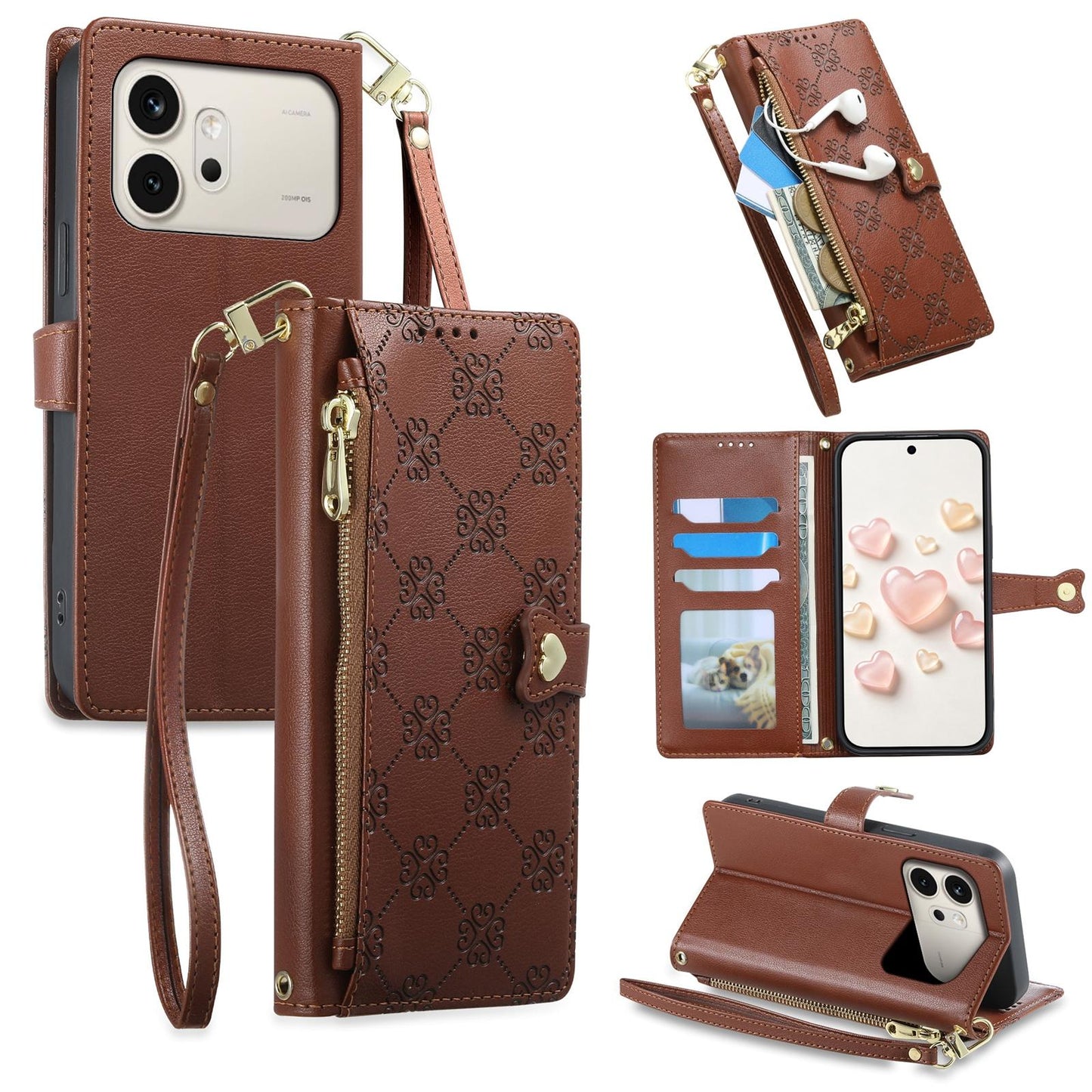 For Honor 600 Global Zipper Wallet Heart Buckle Vegan Leather Phone Case with Wrist Strap(Brown)