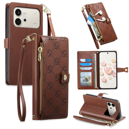 For Honor 600 Global Zipper Wallet Heart Buckle Vegan Leather Phone Case with Wrist Strap(Brown)