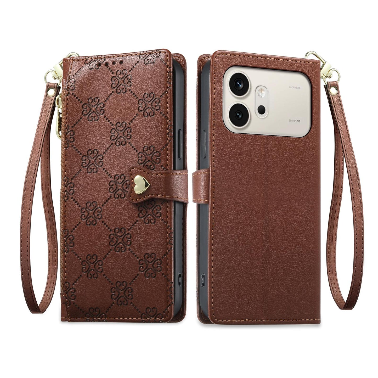 For Honor 600 Global Zipper Wallet Heart Buckle Vegan Leather Phone Case with Wrist Strap(Brown)