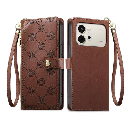 For Honor 600 Global Zipper Wallet Heart Buckle Vegan Leather Phone Case with Wrist Strap(Brown)
