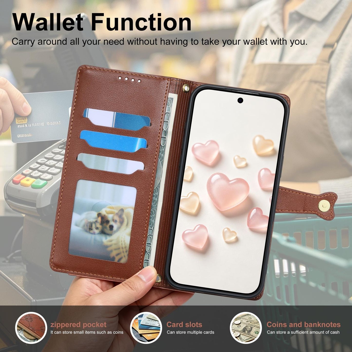 For Honor 600 Global Zipper Wallet Heart Buckle Vegan Leather Phone Case with Wrist Strap(Brown)