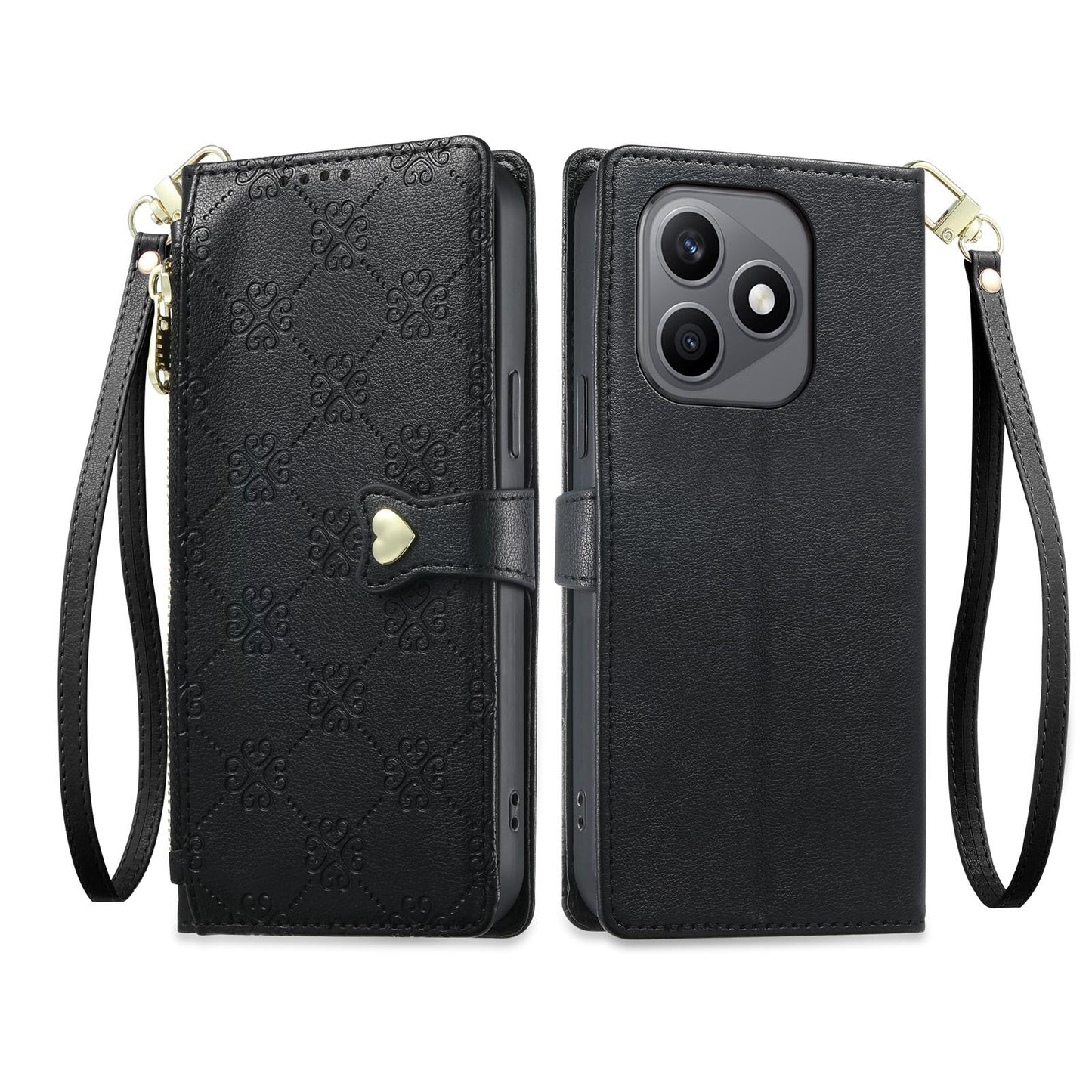 For Honor X8d 4G Zipper Wallet Heart Buckle Vegan Leather Phone Case with Wrist Strap(Black)