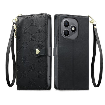 For Honor X8d 4G Zipper Wallet Heart Buckle Vegan Leather Phone Case with Wrist Strap(Black)
