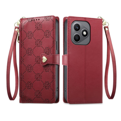 For Honor X8d 4G Zipper Wallet Heart Buckle Vegan Leather Phone Case with Wrist Strap(Red)