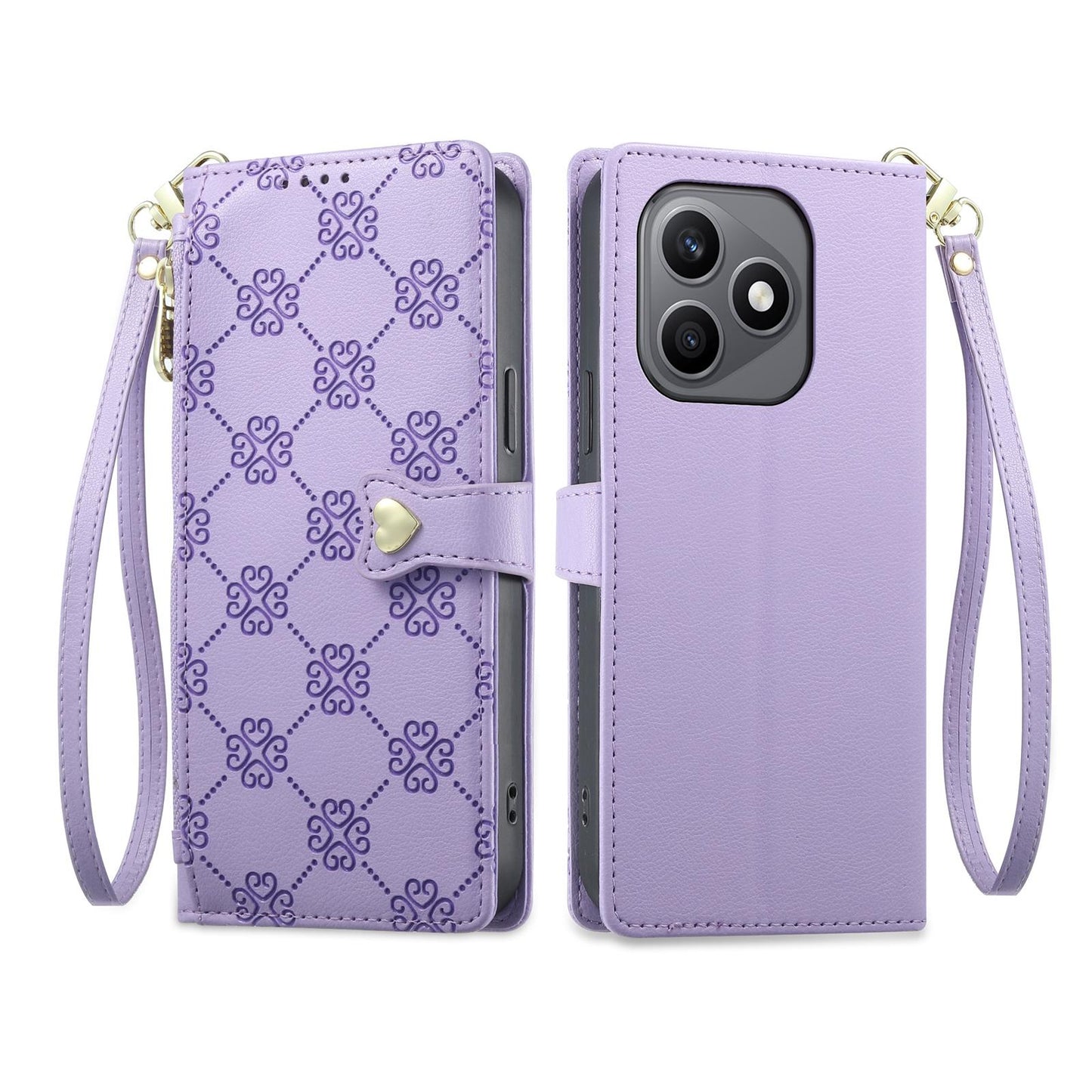 For Honor X8d 4G Zipper Wallet Heart Buckle Vegan Leather Phone Case with Wrist Strap(Purple)