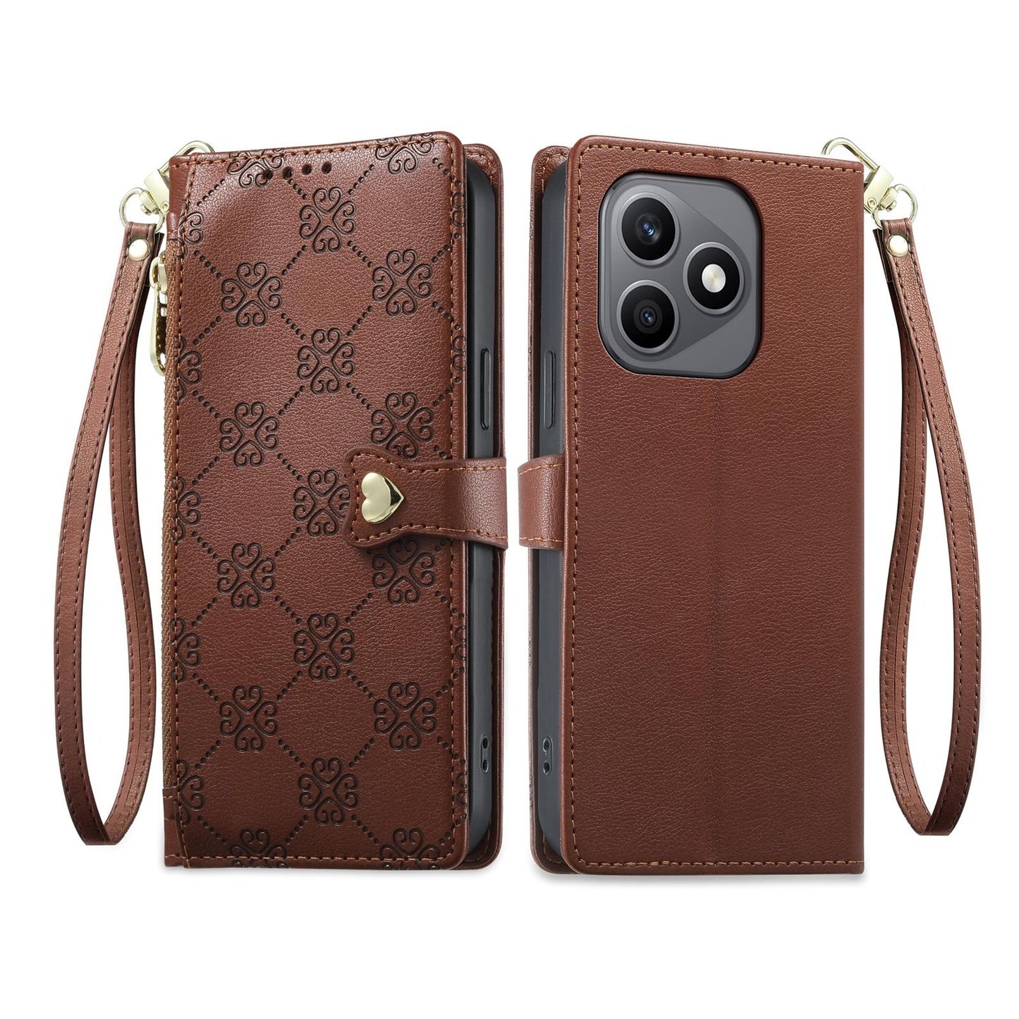 For Honor X8d 4G Zipper Wallet Heart Buckle Vegan Leather Phone Case with Wrist Strap(Brown)