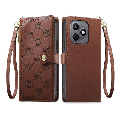 For Honor X8d 4G Zipper Wallet Heart Buckle Vegan Leather Phone Case with Wrist Strap(Brown)