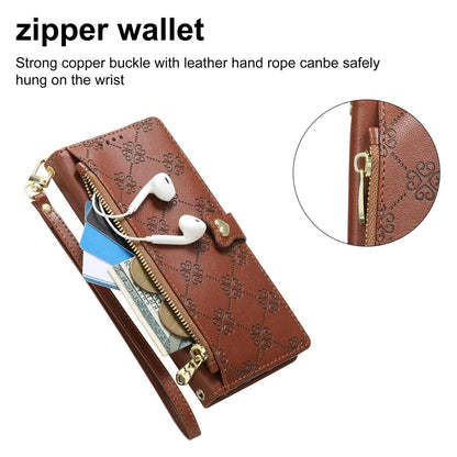 For Honor X8d 4G Zipper Wallet Heart Buckle Vegan Leather Phone Case with Wrist Strap(Brown)