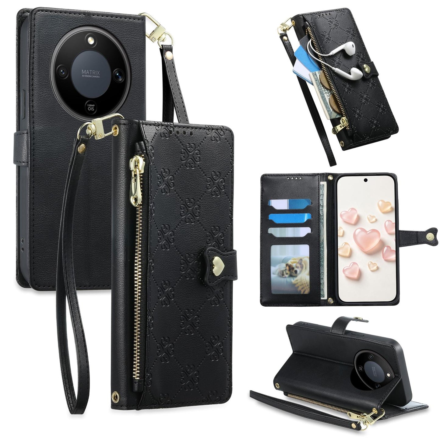 For Honor X9d 5G Zipper Wallet Heart Buckle Vegan Leather Phone Case with Wrist Strap(Black)