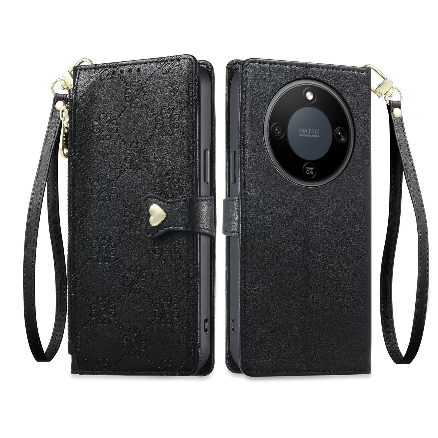 For Honor X9d 5G Zipper Wallet Heart Buckle Vegan Leather Phone Case with Wrist Strap(Black)