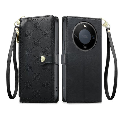 For Honor X9d 5G Zipper Wallet Heart Buckle Vegan Leather Phone Case with Wrist Strap(Black)