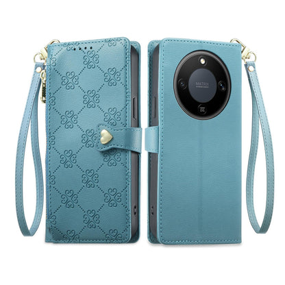 For Honor X9d 5G Zipper Wallet Heart Buckle Vegan Leather Phone Case with Wrist Strap(Lake Blue)