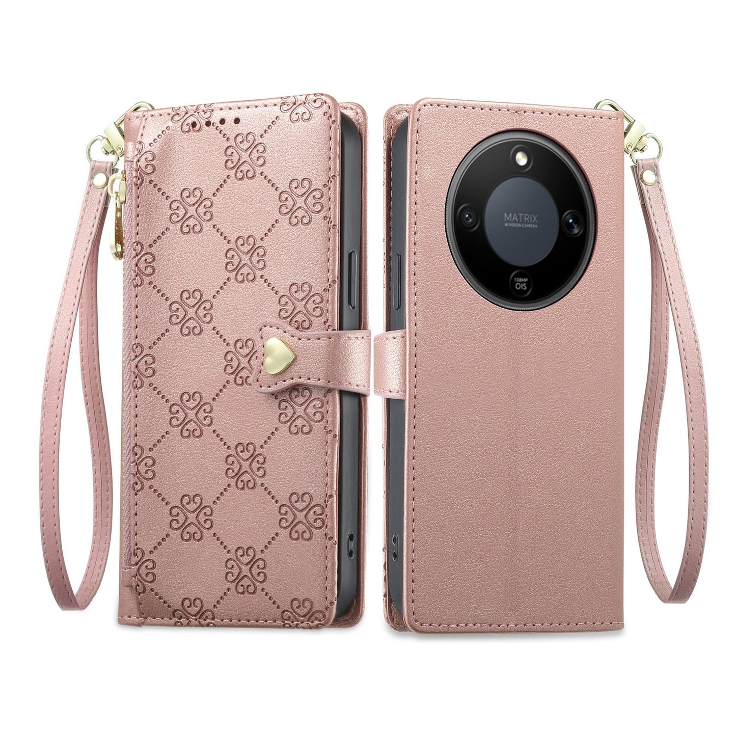 For Honor X9d 5G Zipper Wallet Heart Buckle Vegan Leather Phone Case with Wrist Strap(Pink)