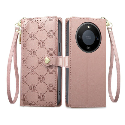 For Honor X9d 5G Zipper Wallet Heart Buckle Vegan Leather Phone Case with Wrist Strap(Pink)