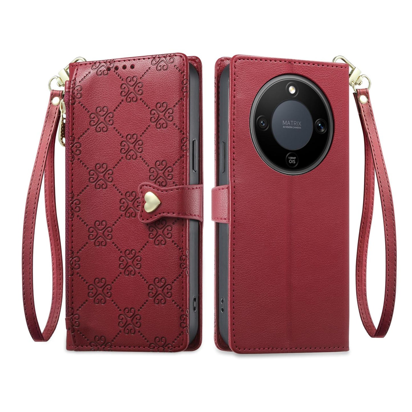 For Honor X9d 5G Zipper Wallet Heart Buckle Vegan Leather Phone Case with Wrist Strap(Red)