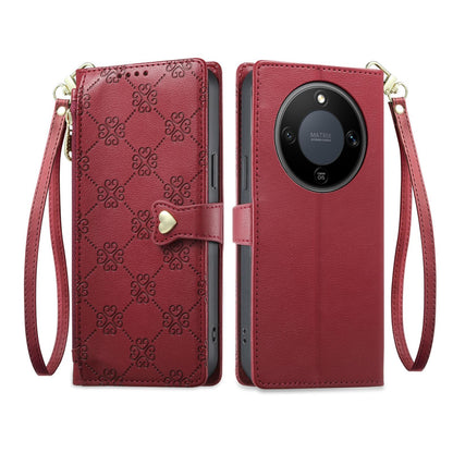 For Honor X9d 5G Zipper Wallet Heart Buckle Vegan Leather Phone Case with Wrist Strap(Red)