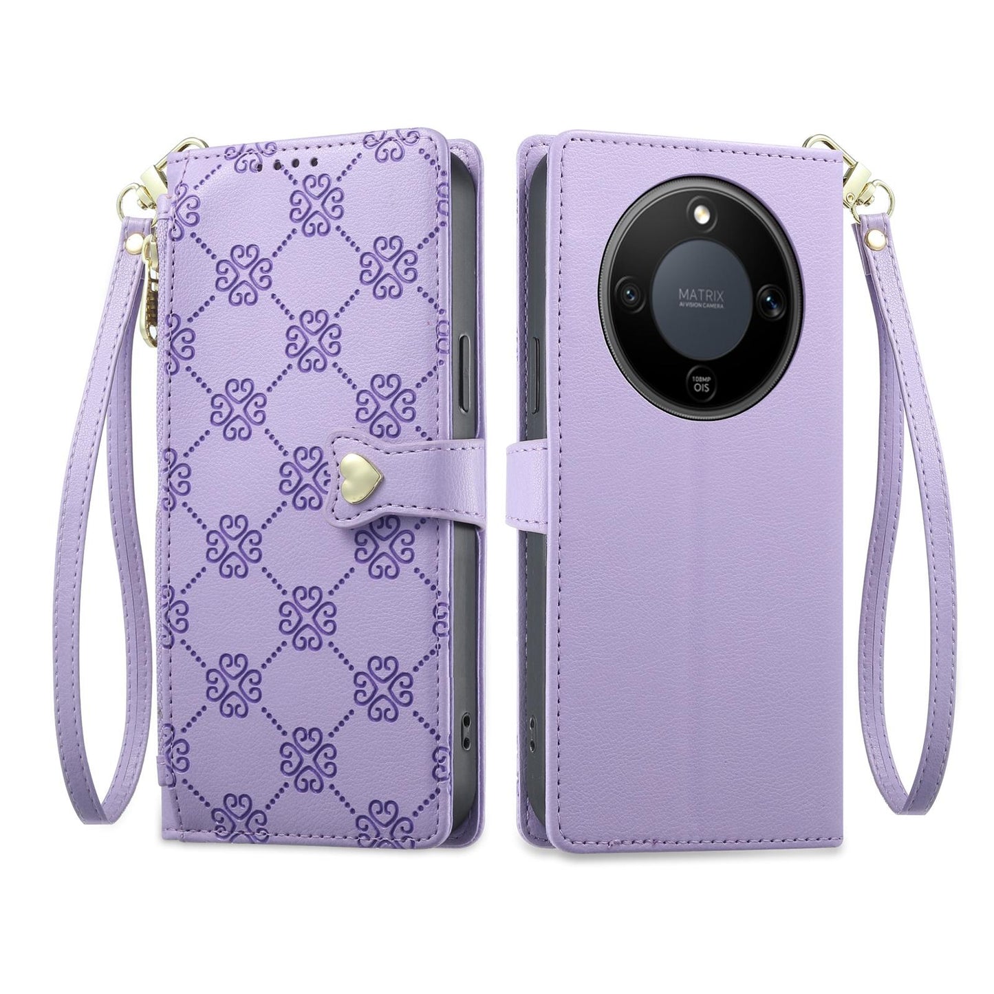 For Honor X9d 5G Zipper Wallet Heart Buckle Vegan Leather Phone Case with Wrist Strap(Purple)