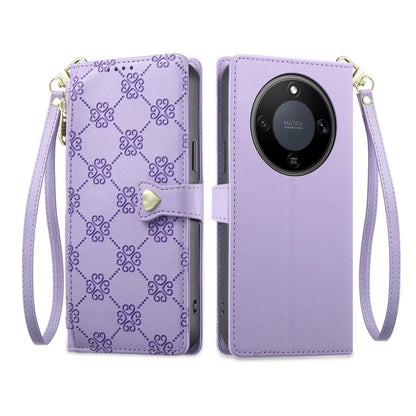 For Honor X9d 5G Zipper Wallet Heart Buckle Vegan Leather Phone Case with Wrist Strap(Purple)